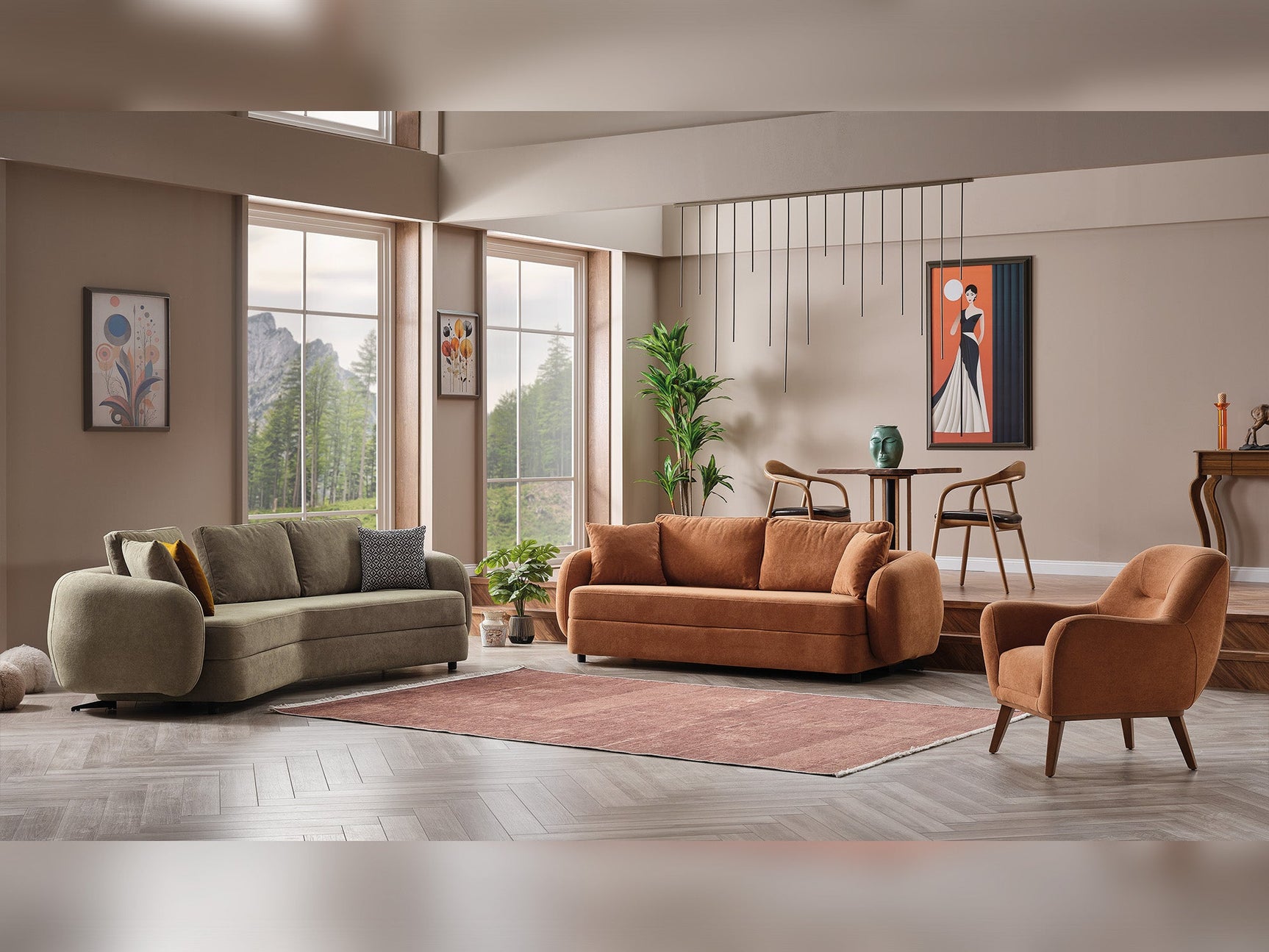 Toscana Orange/Green 4-pieces (4 Seater Sofa & 3 Seater Sofa & 2 Chair) Living Room Set