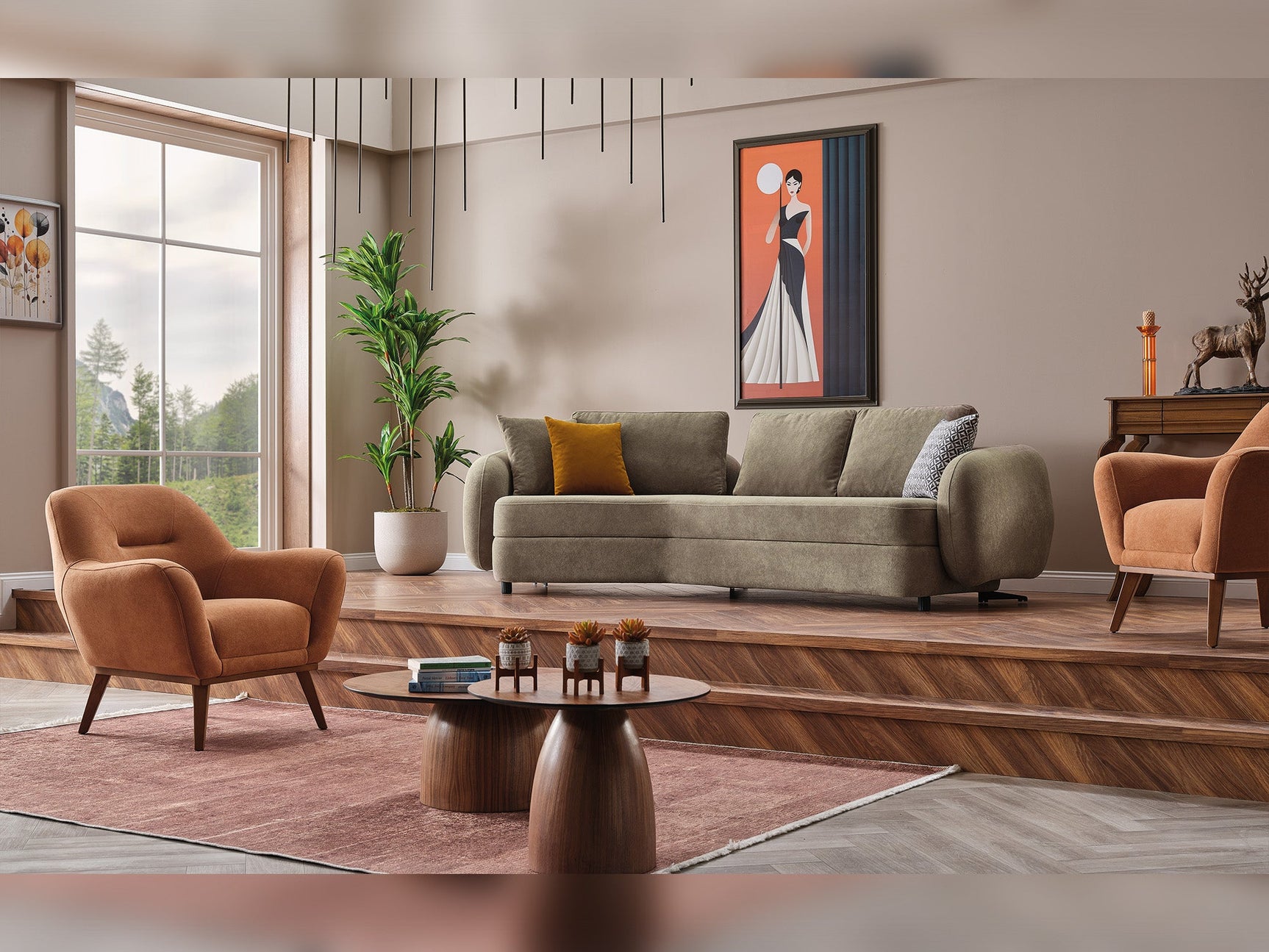 Toscana Orange/Green 4-pieces (4 Seater Sofa & 3 Seater Sofa & 2 Chair) Living Room Set