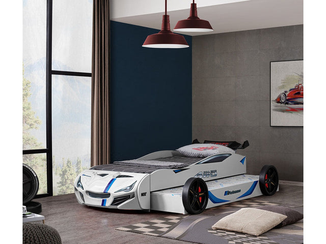 Tracklite White Car Bed w/ Trundle - Ornate Home