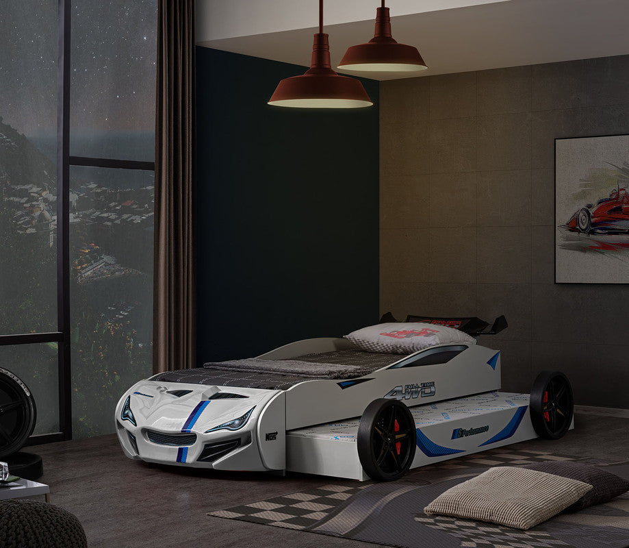 Tracklite White Car Bed w/ Trundle - Ornate Home