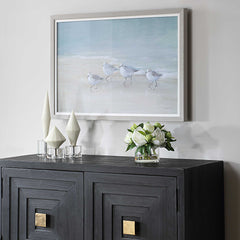 Tranquil Shorebirds On The Sand Gray/Woodtone Framed Print - Ornate Home