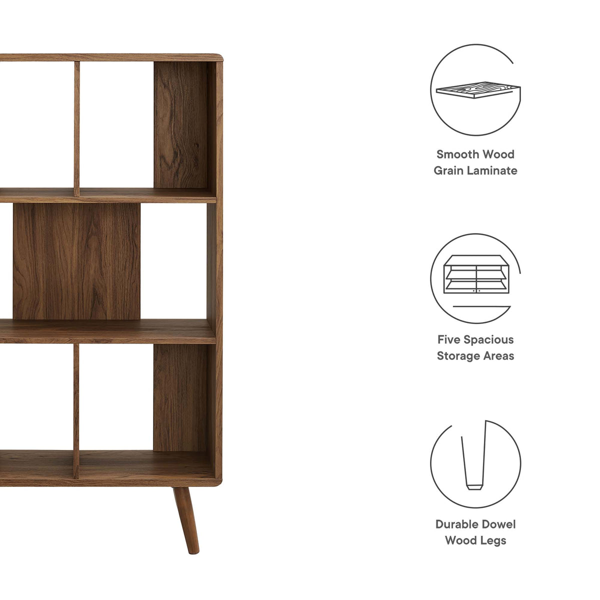Transmit Walnut 5 Shelf Wood Grain Bookcase - Ornate Home