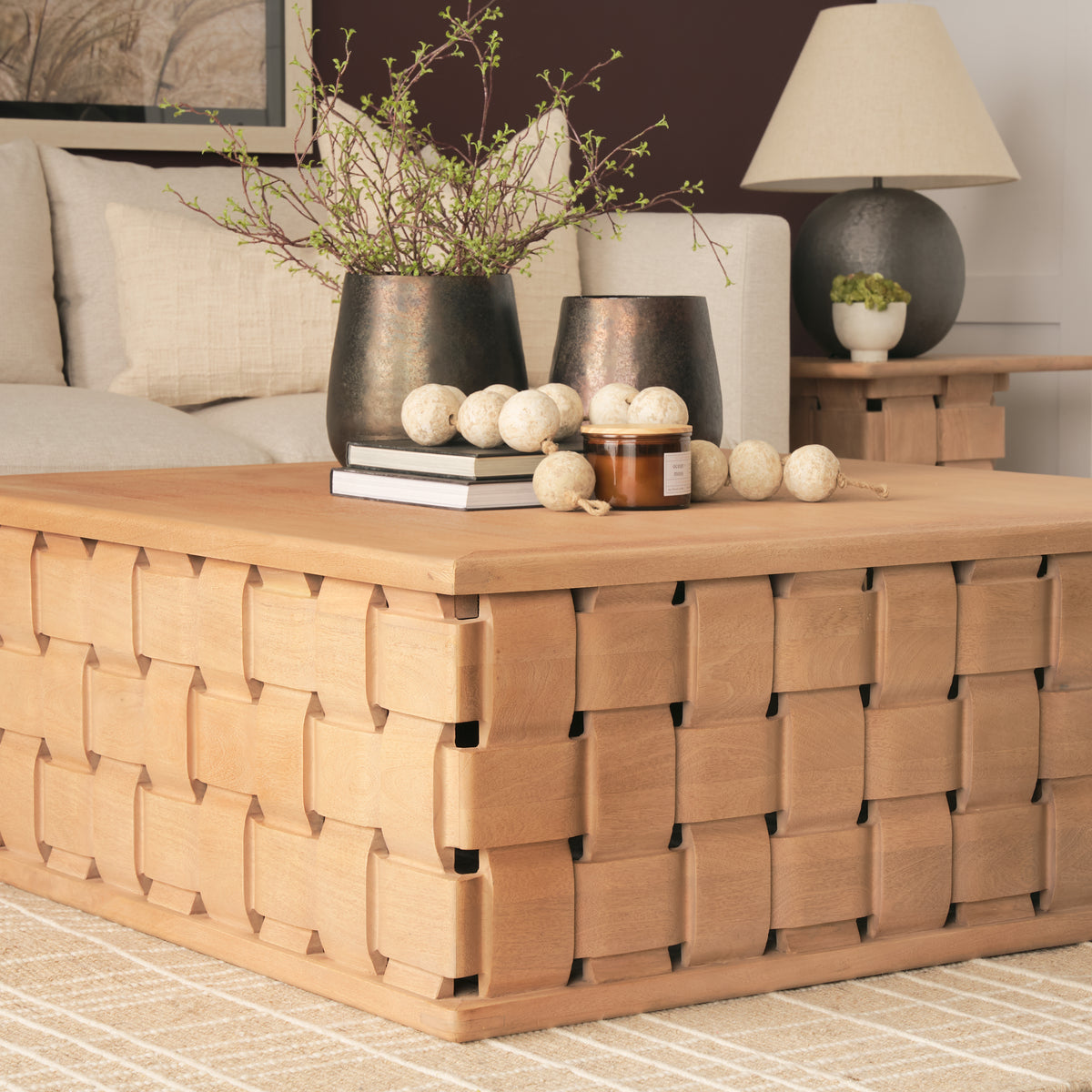 Trellyn Light Brown 48" Wood with Carved Woven Base Square Coffee Table