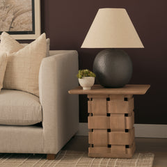 Trellyn Light Brown Wood with Carved Woven Base Square Accent Table - Ornate Home