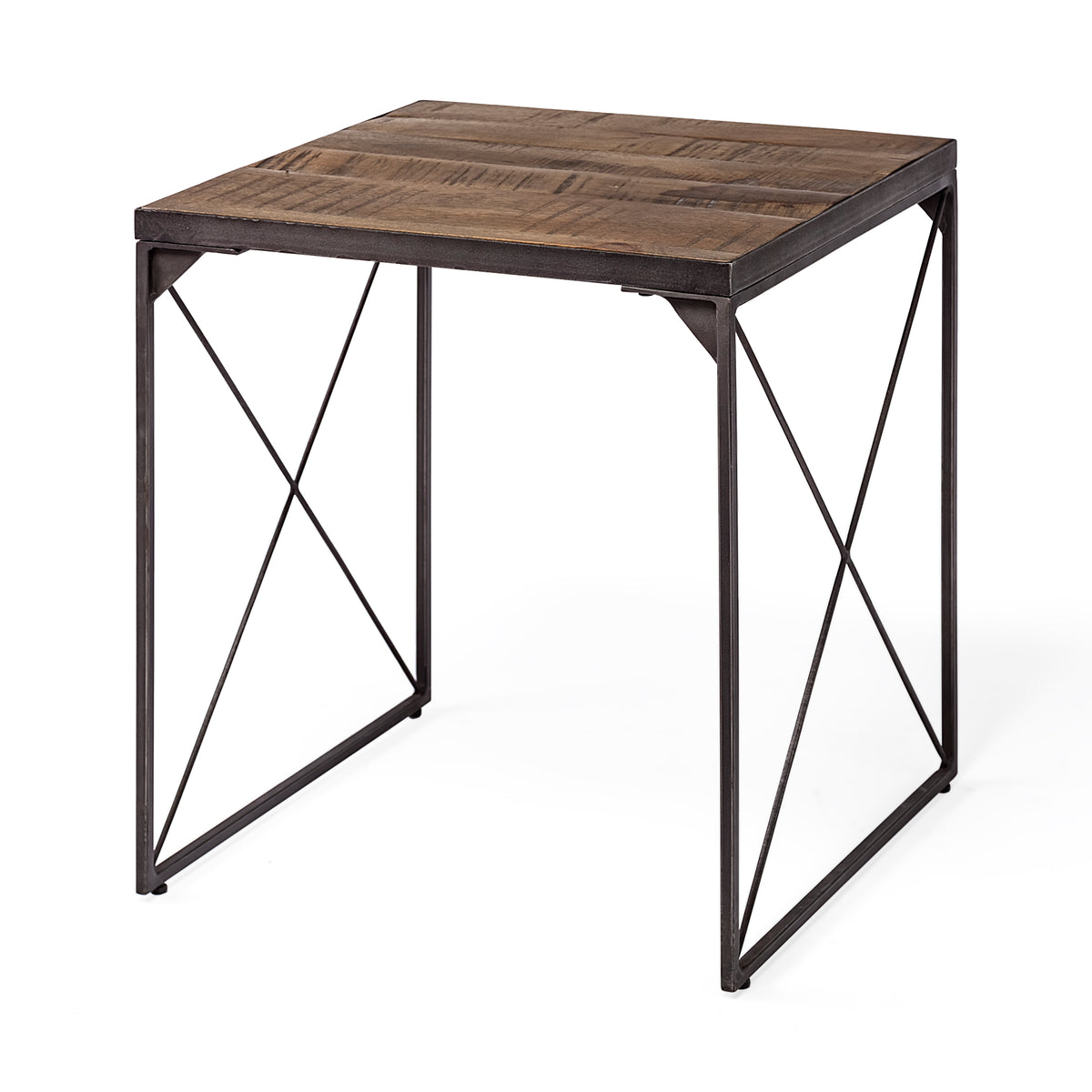 Trestman Medium Brown Square Top Wood and Iron Cross Braced End/Side Table - Ornate Home