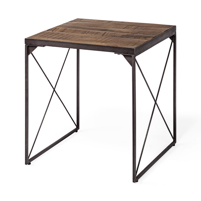 Trestman Medium Brown Square Top Wood and Iron Cross Braced End/Side Table - Ornate Home
