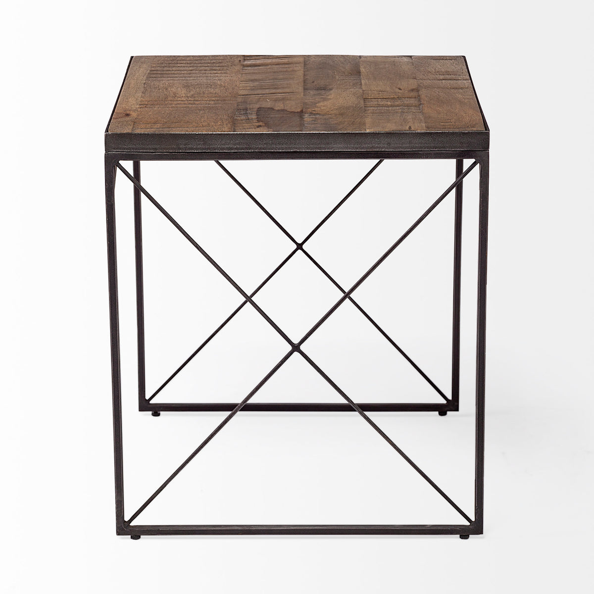 Trestman Medium Brown Square Top Wood and Iron Cross Braced End/Side Table - Ornate Home