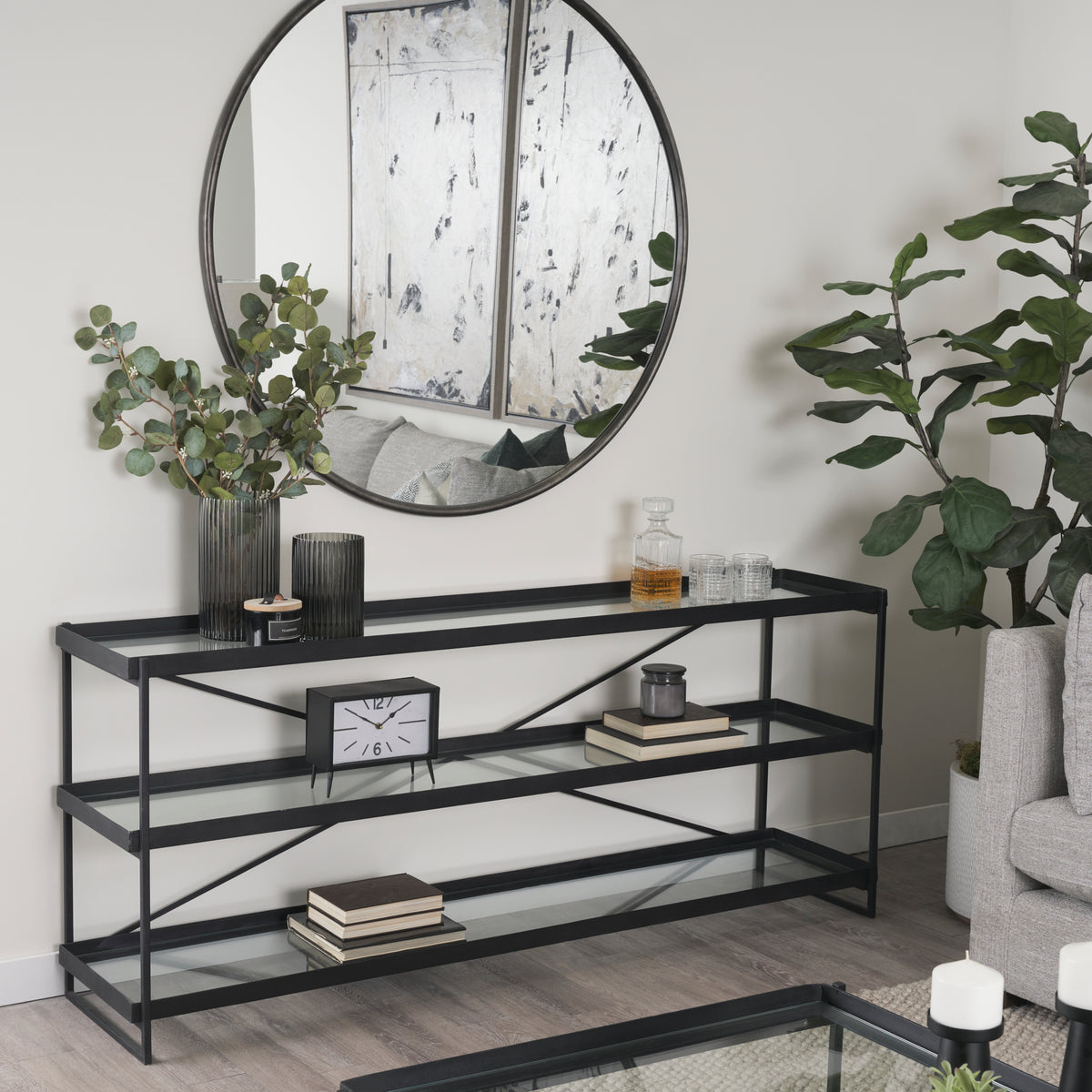 Trey Black Metal with Glass Console Table - Ornate Home