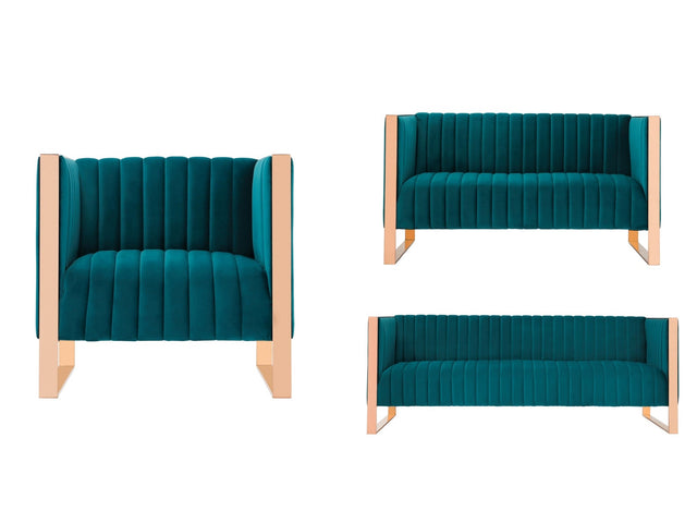 Trillium 3 Piece - Sofa, Loveseat and Armchair Set in Teal and Gold - Ornate Home
