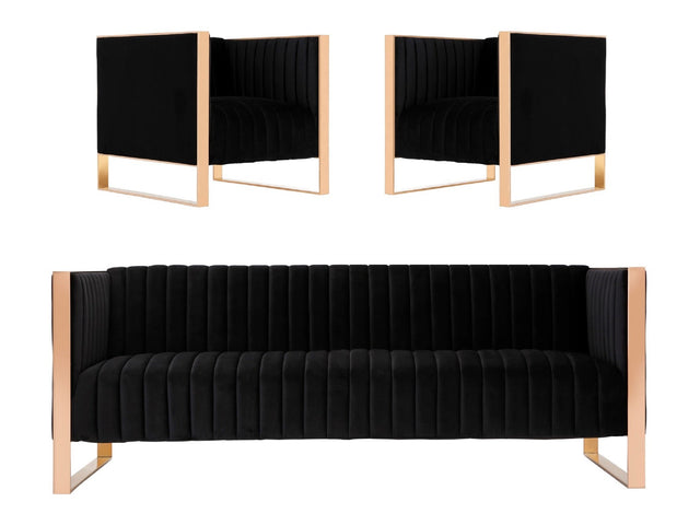 Trillium Sofa and Armchair in Black and Gold (set of 3) - Ornate Home