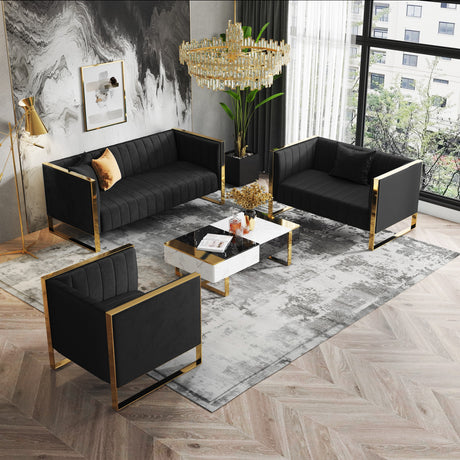Trillium Sofa and Armchair in Black and Gold (set of 3) - Ornate Home