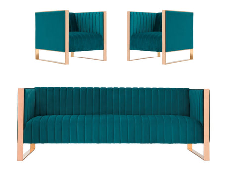 Trillium Sofa and Armchair in Teal and Gold (set of 3) - Ornate Home