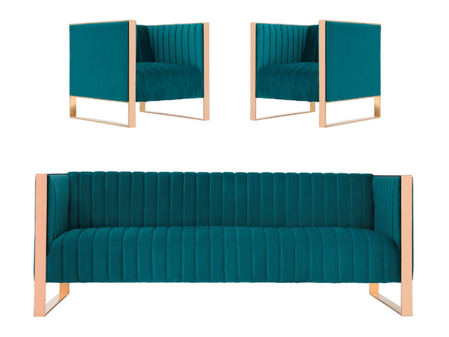 Trillium Sofa and Armchair in Teal and Gold (set of 3) - Ornate Home