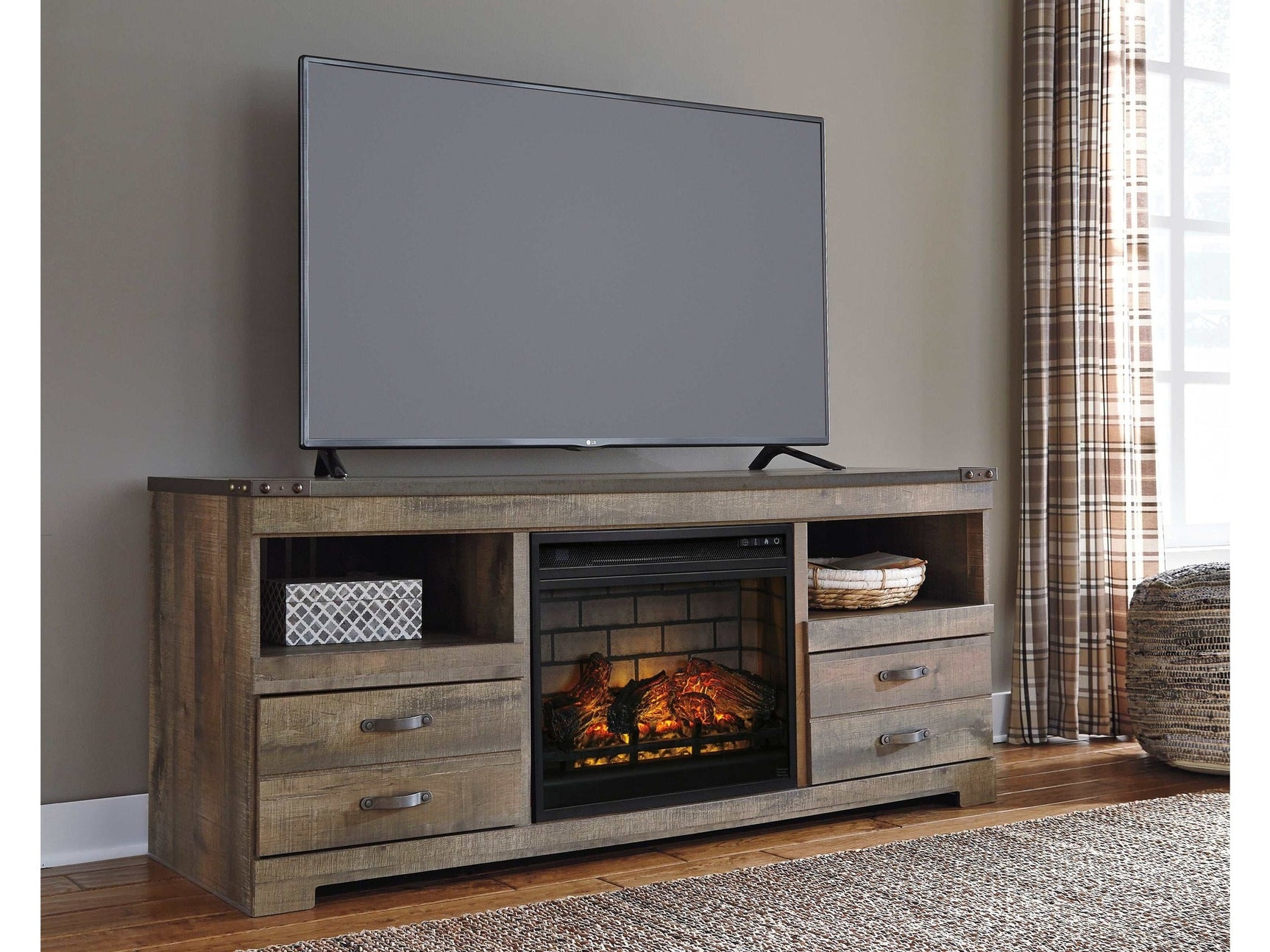 Trinell Brown 63" TV Stand w/ Electric Fireplace (Online Special Price) - Ornate Home