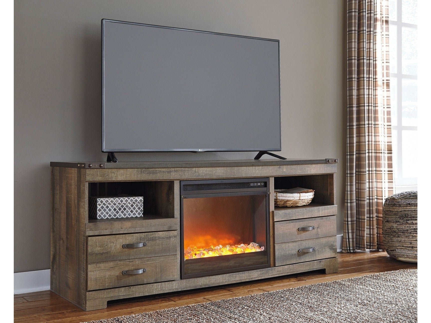 Trinell Brown 63" TV Stand w/ W100-02 Electric Fireplace (Online Special Price) - Ornate Home