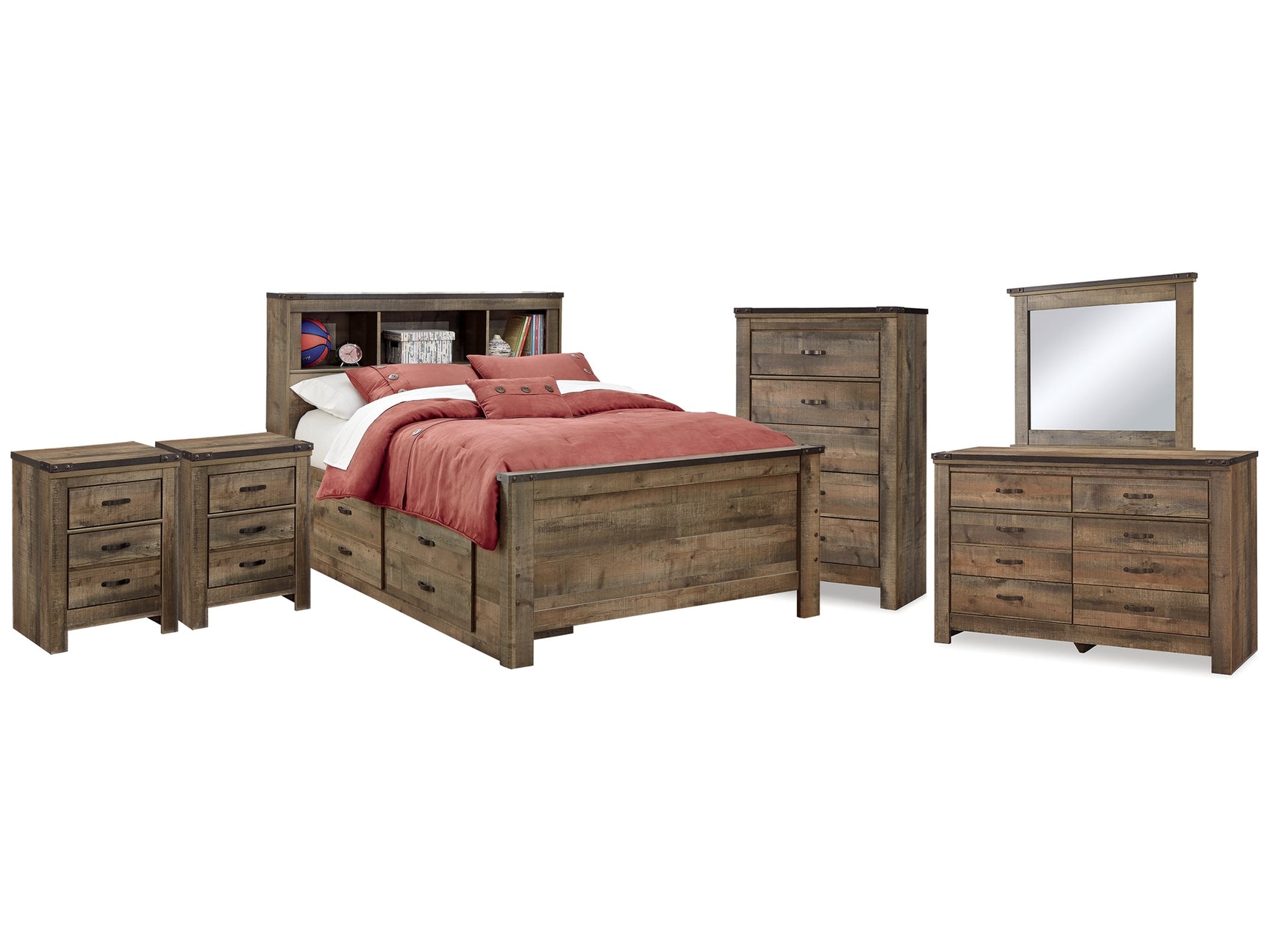 Trinell Brown Full Bookcase Storage Bed & Dresser & Mirror & Chest & 2 Nightstands - Ornate Home