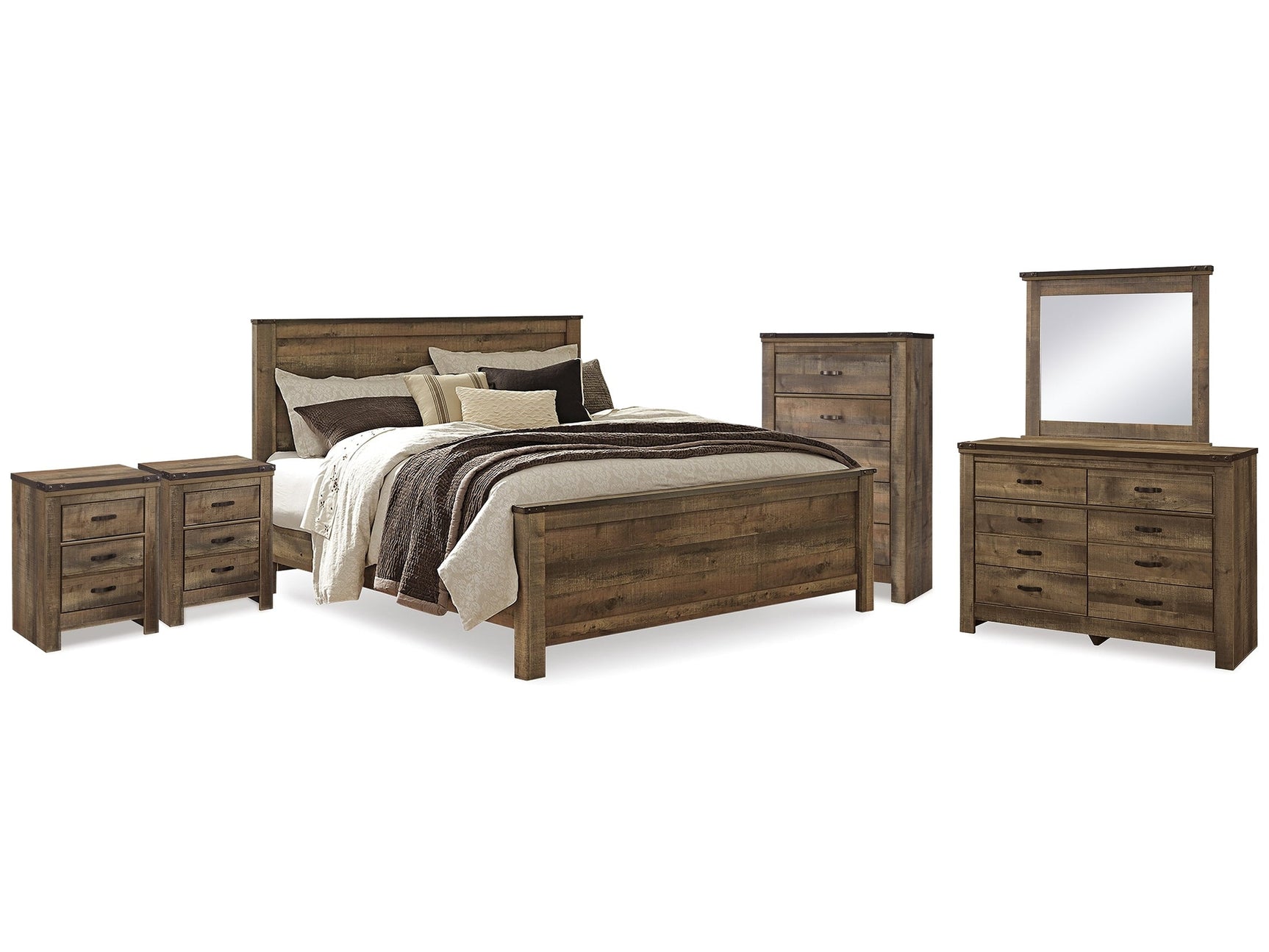 Trinell Brown King Panel Bedroom Set with. Dresser, Mirror, Chest and 2 Nightstands (Online Special Price) - Ornate Home