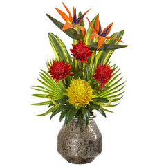 Tropical Inspired Artificial Arrangement in Designer Vase - Ornate Home