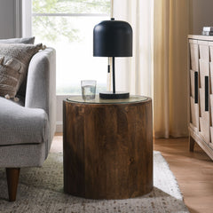 Truett Walnut Round Wood Rattan Side Table - Ornate Home