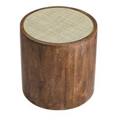 Truett Walnut Round Wood Rattan Side Table - Ornate Home
