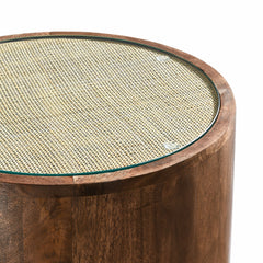 Truett Walnut Round Wood Rattan Side Table - Ornate Home