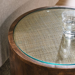 Truett Walnut Round Wood Rattan Side Table - Ornate Home