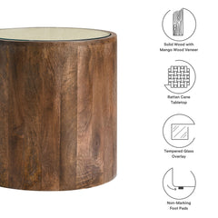 Truett Walnut Round Wood Rattan Side Table - Ornate Home