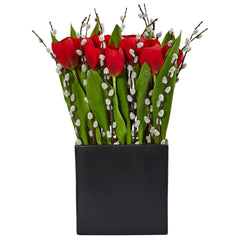 Tulips and Willow in Black Square Vase - Ornate Home