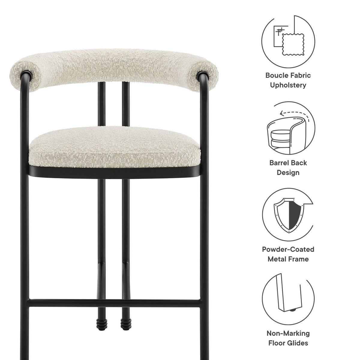 Turin Black/Pearl Curved Back Boucle and Metal Counter Stool - Ornate Home