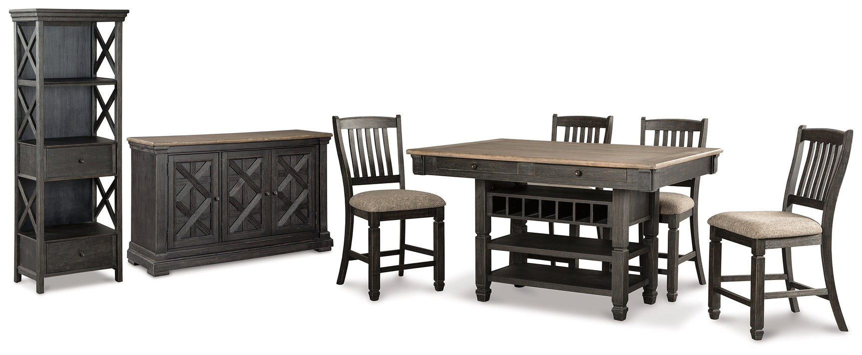 Tyler Creek Black/Grayish Brown Counter Height Table with 4 Barstools, Server and Display Cabinet - Ornate Home