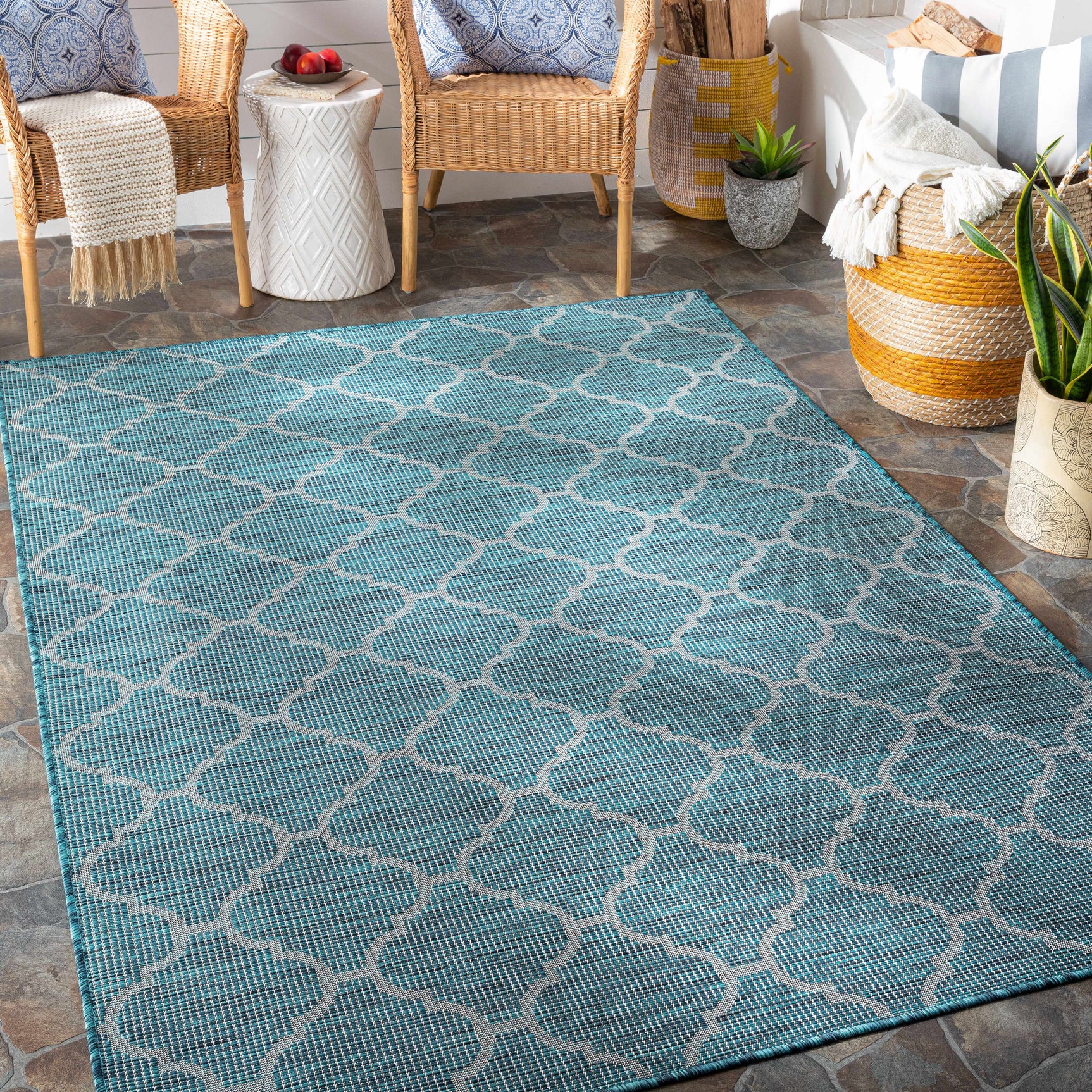 Unique Outdoor Trellis Area Rug, Teal - Clearance - Ornate Home