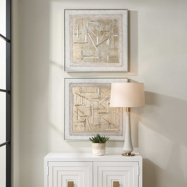 Unpredictable Hand Gold/White Painted Canvases (Set of 2) - Ornate Home