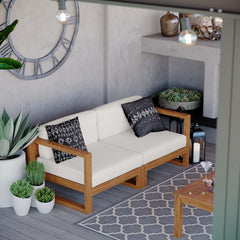 Upland Natural/White 2-Piece Outdoor Patio Teak Wood Sectional Sofa Loveseat - Ornate Home