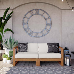 Upland Natural/White 2-Piece Outdoor Patio Teak Wood Sectional Sofa Loveseat - Ornate Home