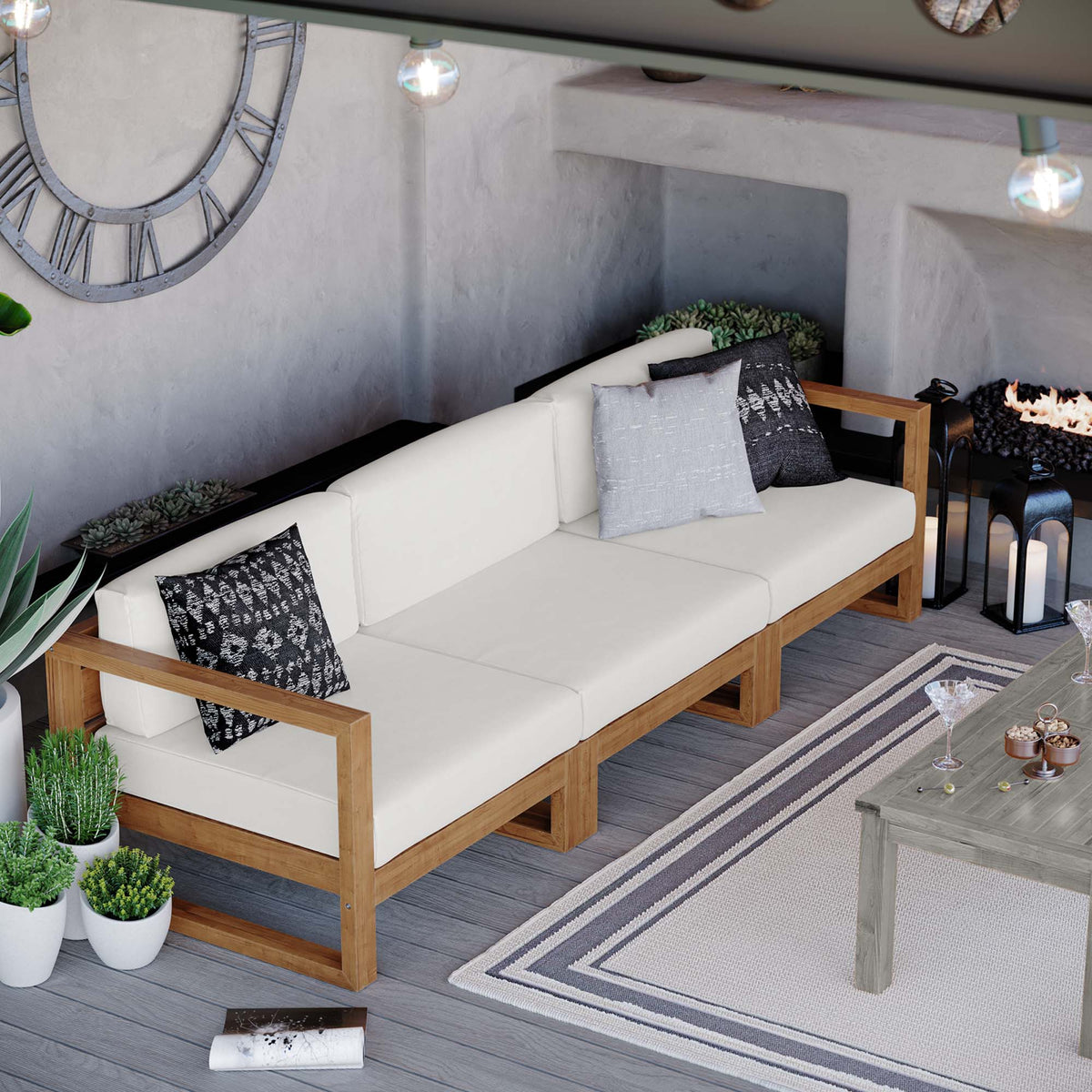 Upland Natural/White 3-Piece Outdoor Patio Teak Wood Sectional Sofa Set - 33.5x102.5" - Ornate Home