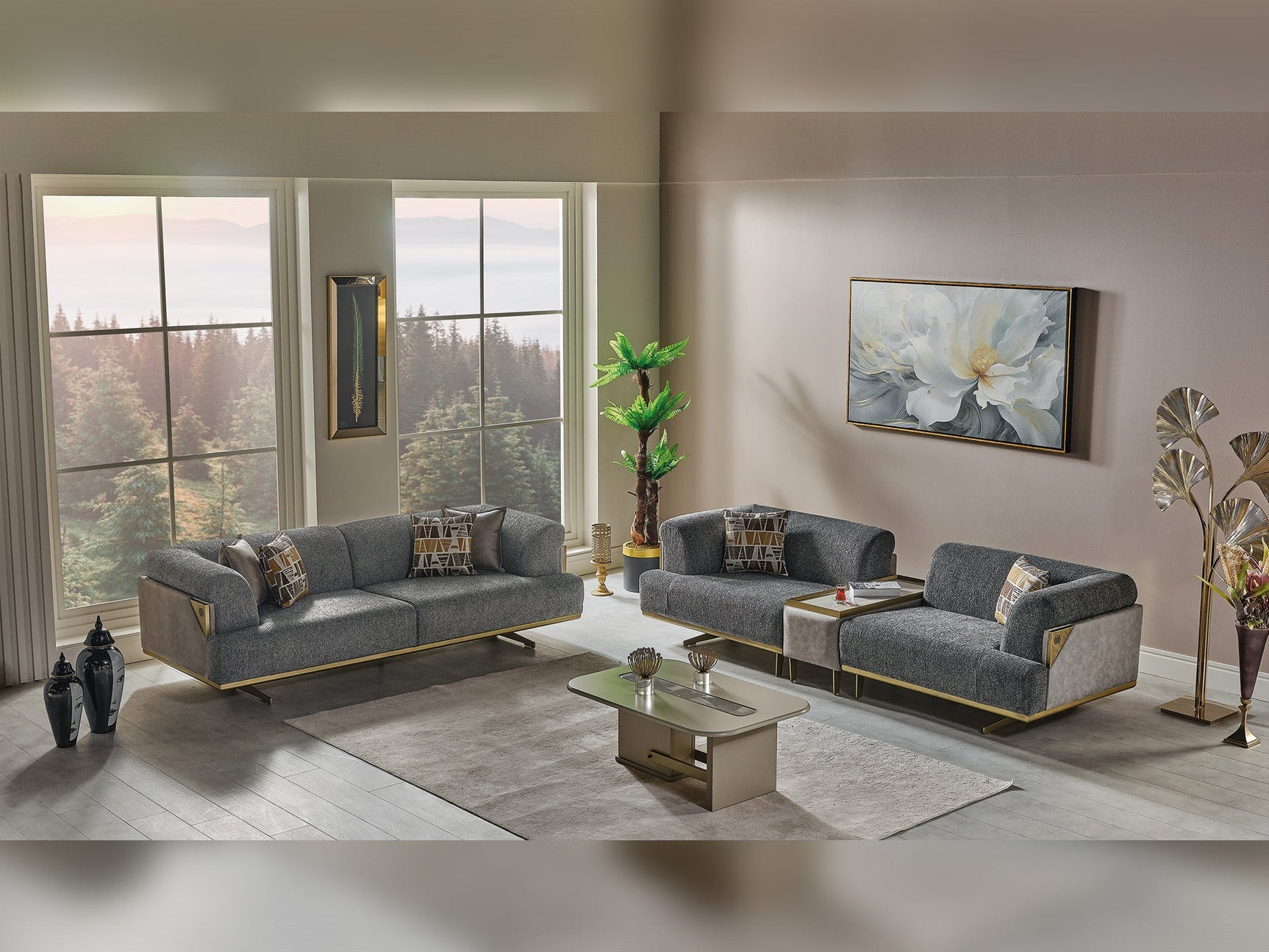 Urla Grey 4-pieces (Sofa & Module Sofa & 2 Chair) Living Room Set