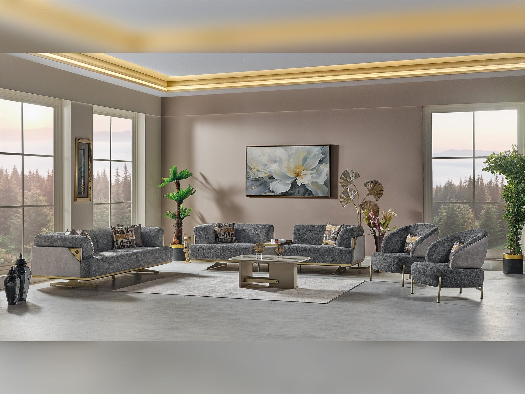 Urla Grey 4-pieces (Sofa & Module Sofa & 2 Chair) Living Room Set