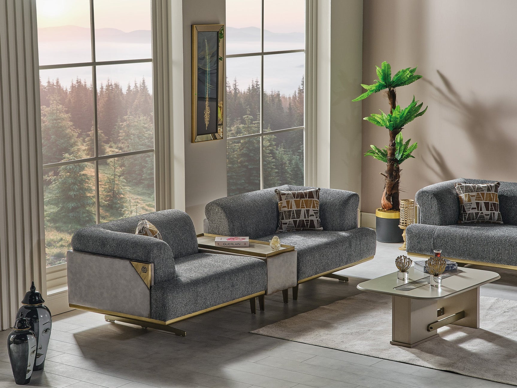 Urla Grey 4-pieces (Sofa & Module Sofa & 2 Chair) Living Room Set