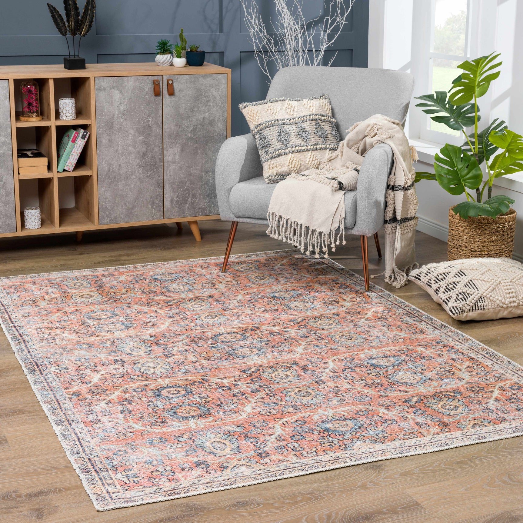 Urpi Rose & Blue Washable Area Rug - Clearance - Ornate Home