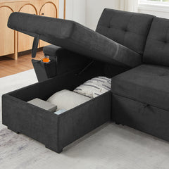 Toby Black 95"W Woven Fabric Reversible Sleeper Sectional Sofa with LAF Storage Chaise