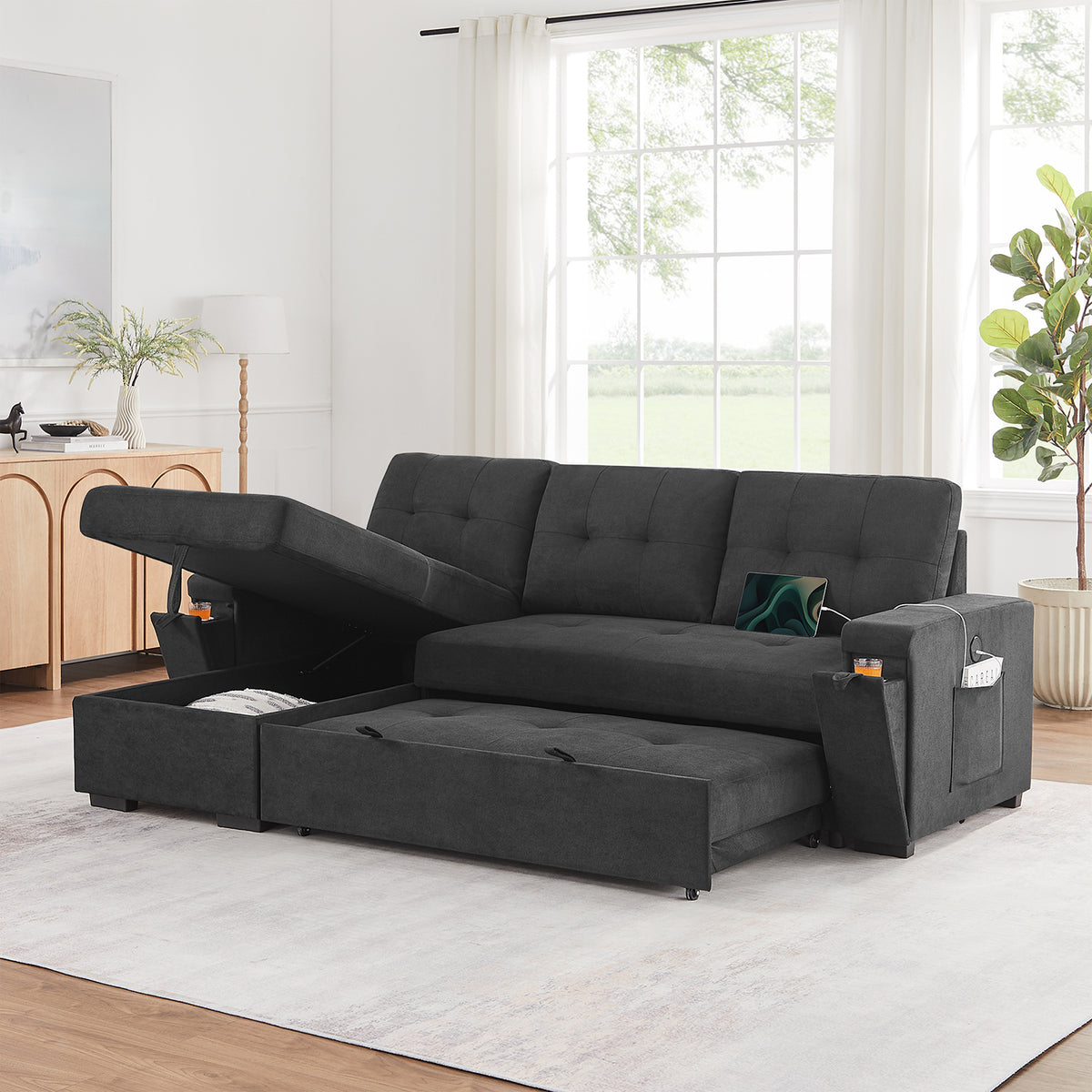 Toby Black 95"W Woven Fabric Reversible Sleeper Sectional Sofa with LAF Storage Chaise