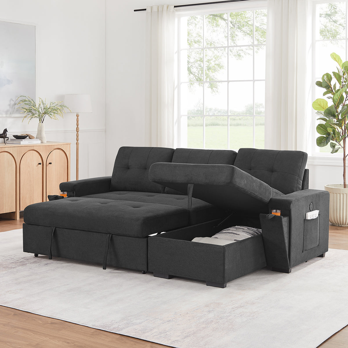 Toby Black 95"W Woven Fabric Reversible Sleeper Sectional Sofa with LAF Storage Chaise