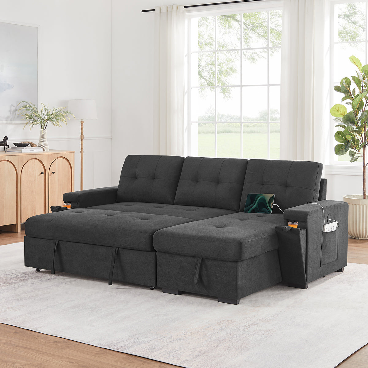 Toby Black 95"W Woven Fabric Reversible Sleeper Sectional Sofa with LAF Storage Chaise