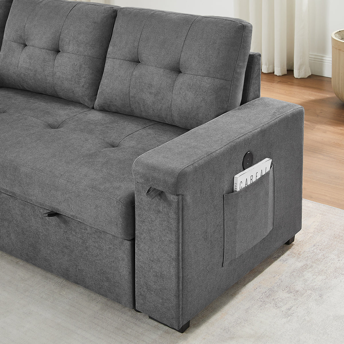 Toby Gray 95"W Woven Fabric Reversible Sleeper Sectional Sofa with Storage Chaise