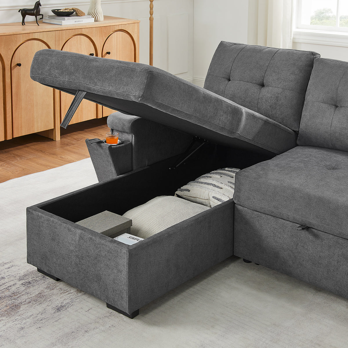 Toby Gray 95"W Woven Fabric Reversible Sleeper Sectional Sofa with Storage Chaise