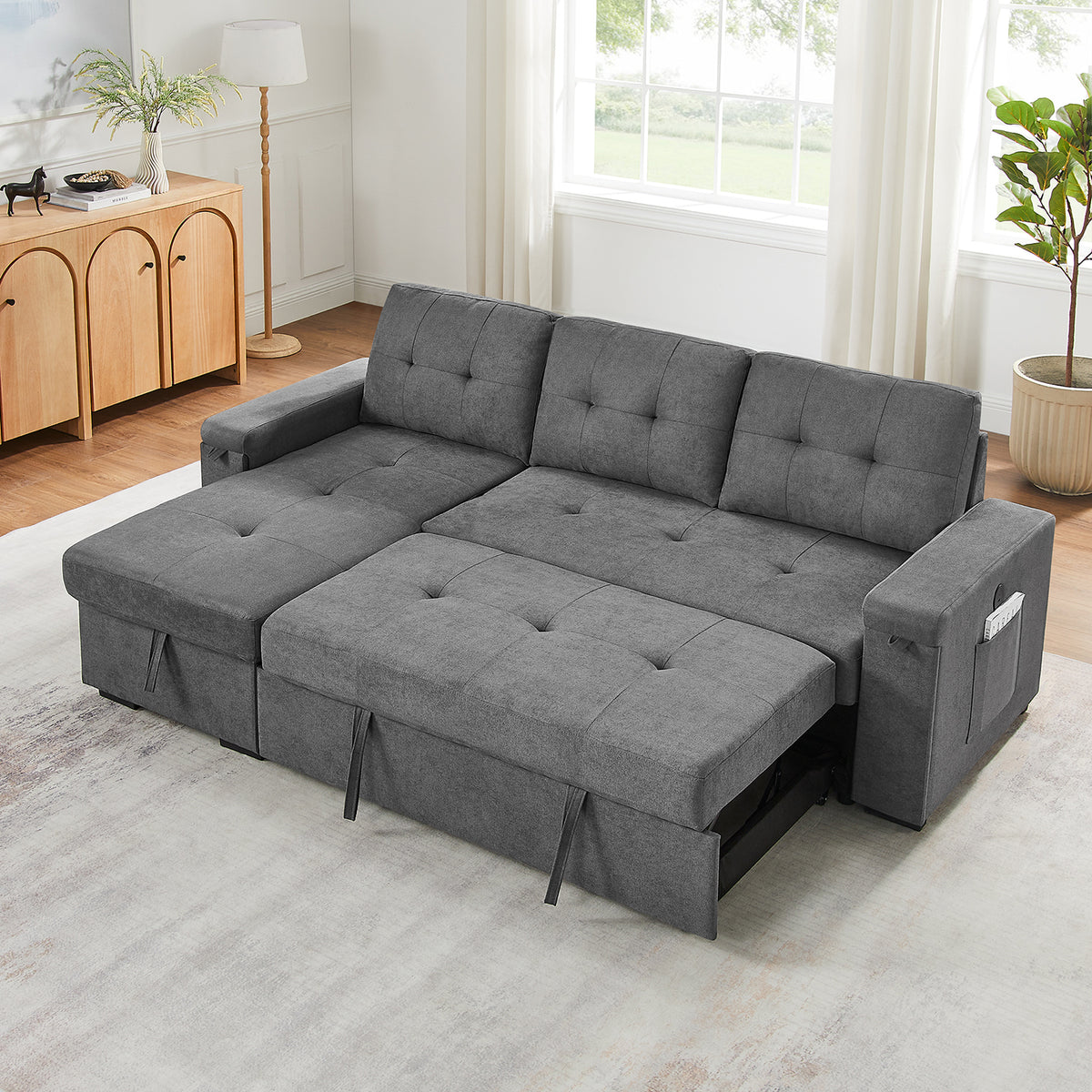 Toby Gray 95"W Woven Fabric Reversible Sleeper Sectional Sofa with Storage Chaise