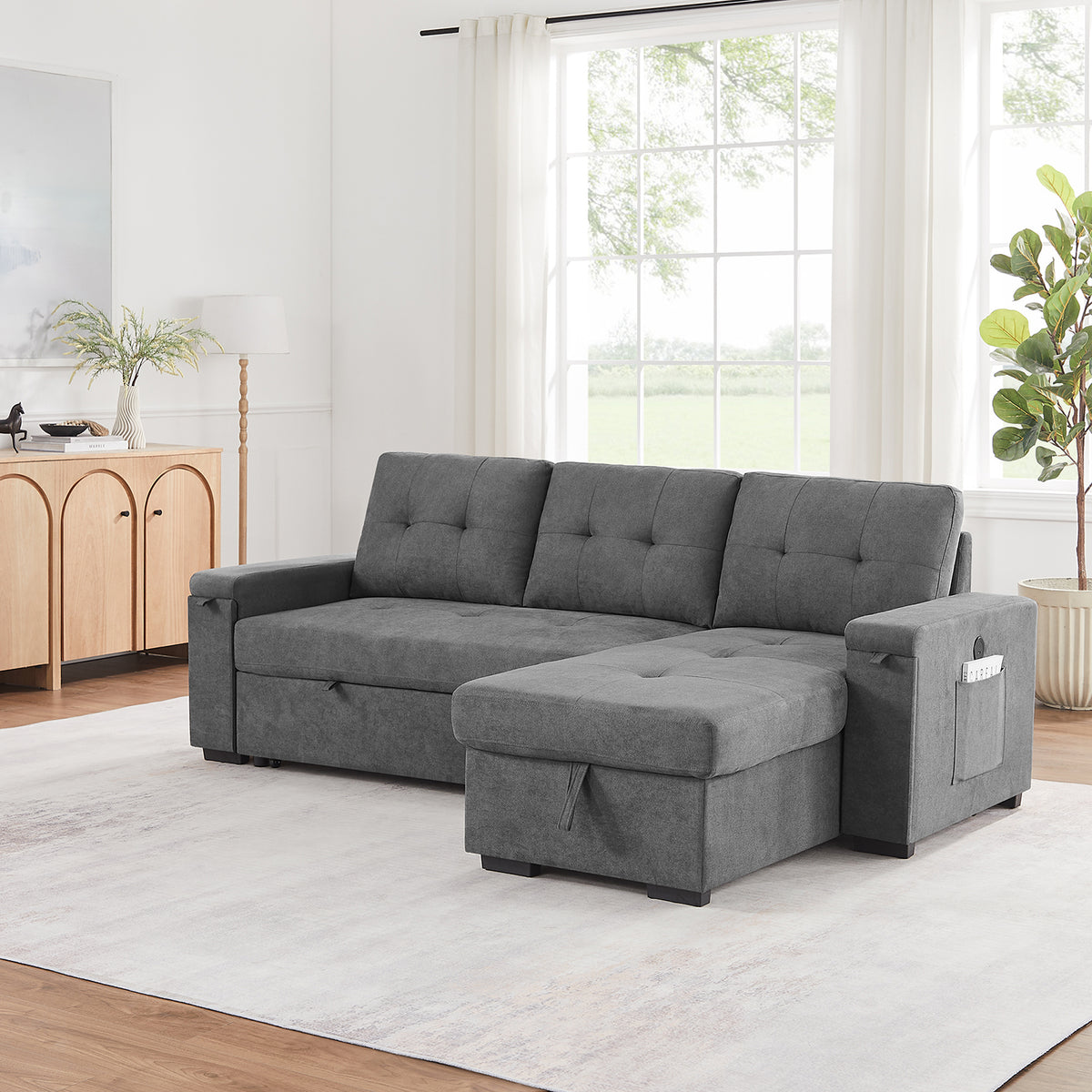 Toby Gray 95"W Woven Fabric Reversible Sleeper Sectional Sofa with Storage Chaise