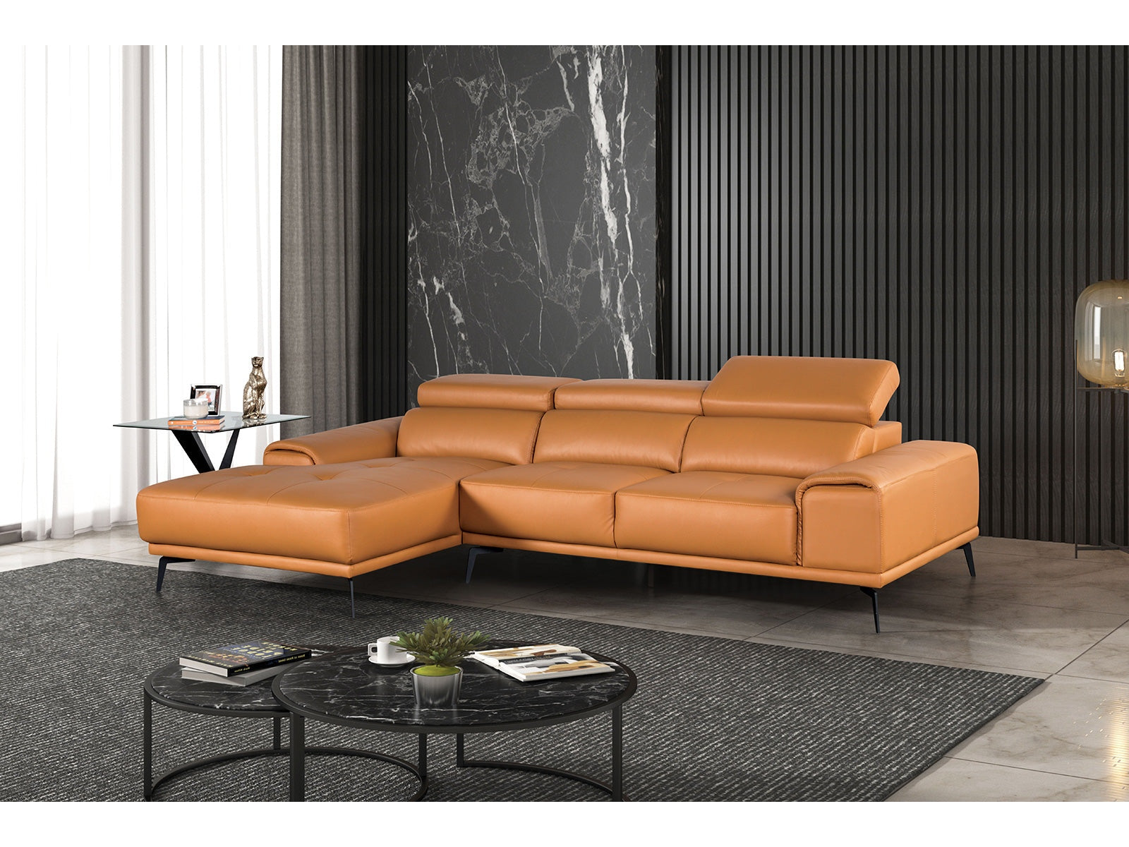 Vadso Tangerine Leather Match Left Chaise Sectional - Ornate Home