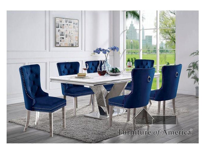 Valdevers Chrome & Navy 7pc Dining Room Set - Ornate Home