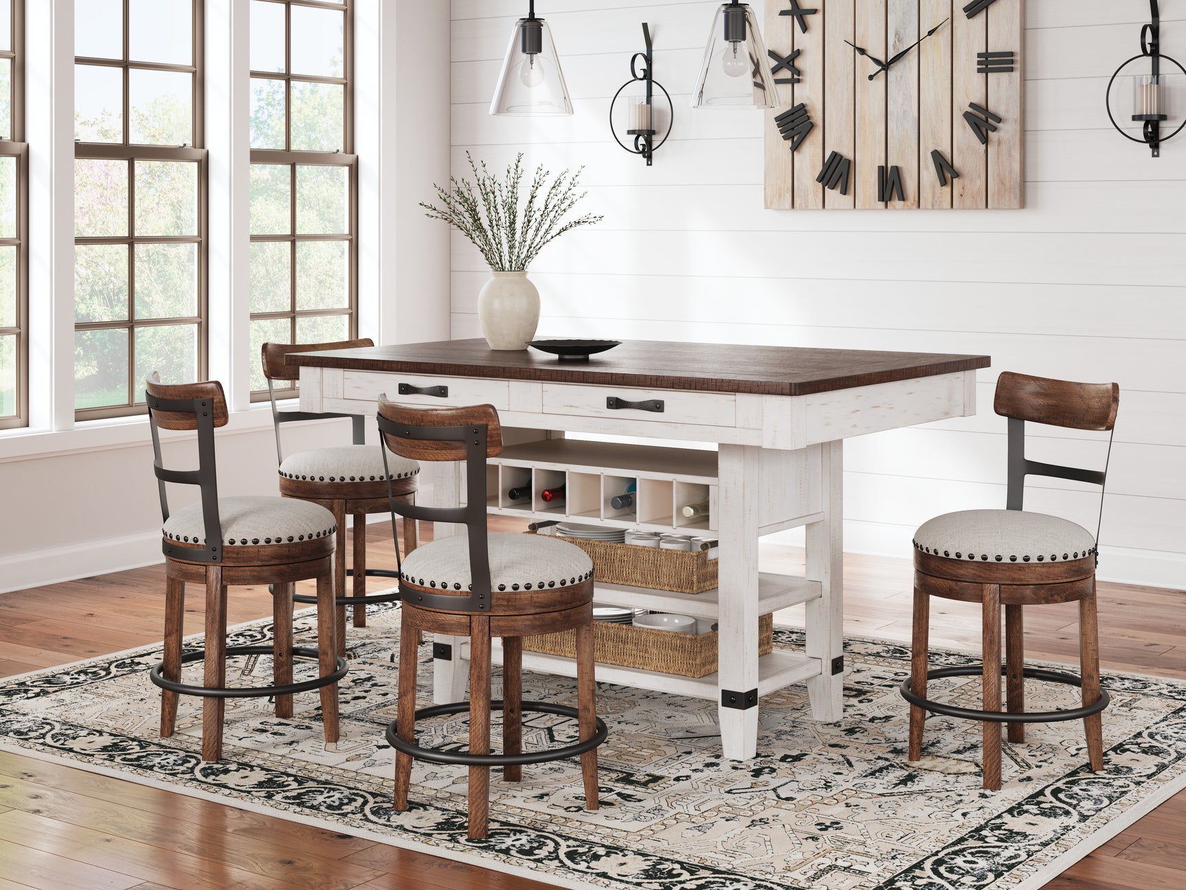 Valebeck White/Brown/Linen Counter Height Dining Table and 4 Barstools - Ornate Home